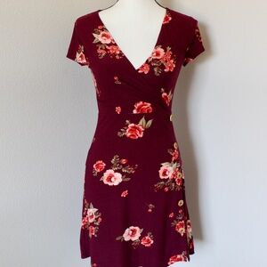 Ultra-Soft Burgundy Floral Print Faux Wrap & Button Dress